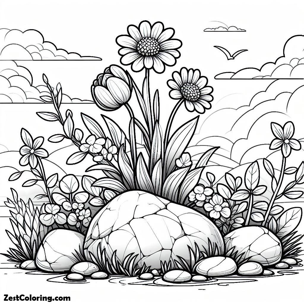 Spring Flower, Beautiful Spring Flower Grow Between A Rock Coloring Page: Beautiful Spring Flower Grow Between A Rock Coloring PageFull Size Image