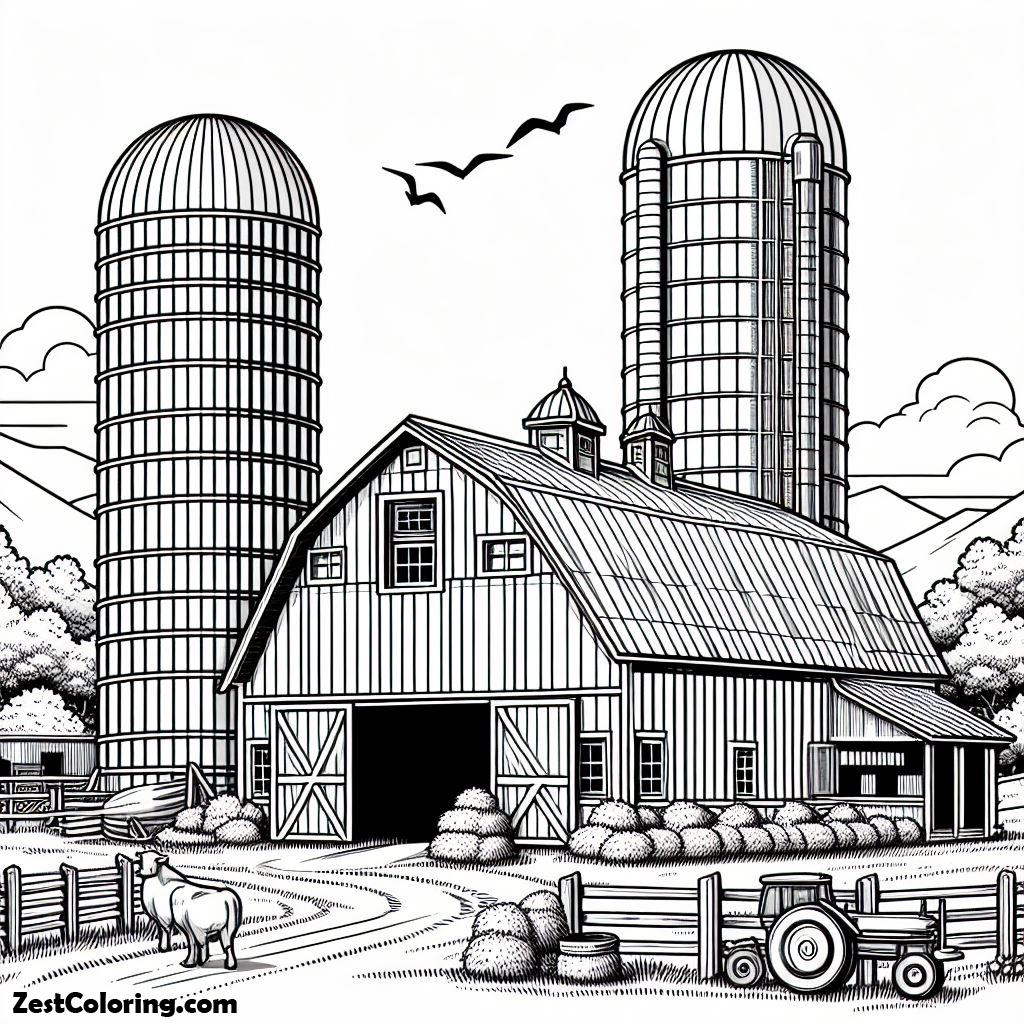 Barn, Big Barn And Two Silos Coloring Page: Big Barn And Two Silos Coloring PageFull Size Image