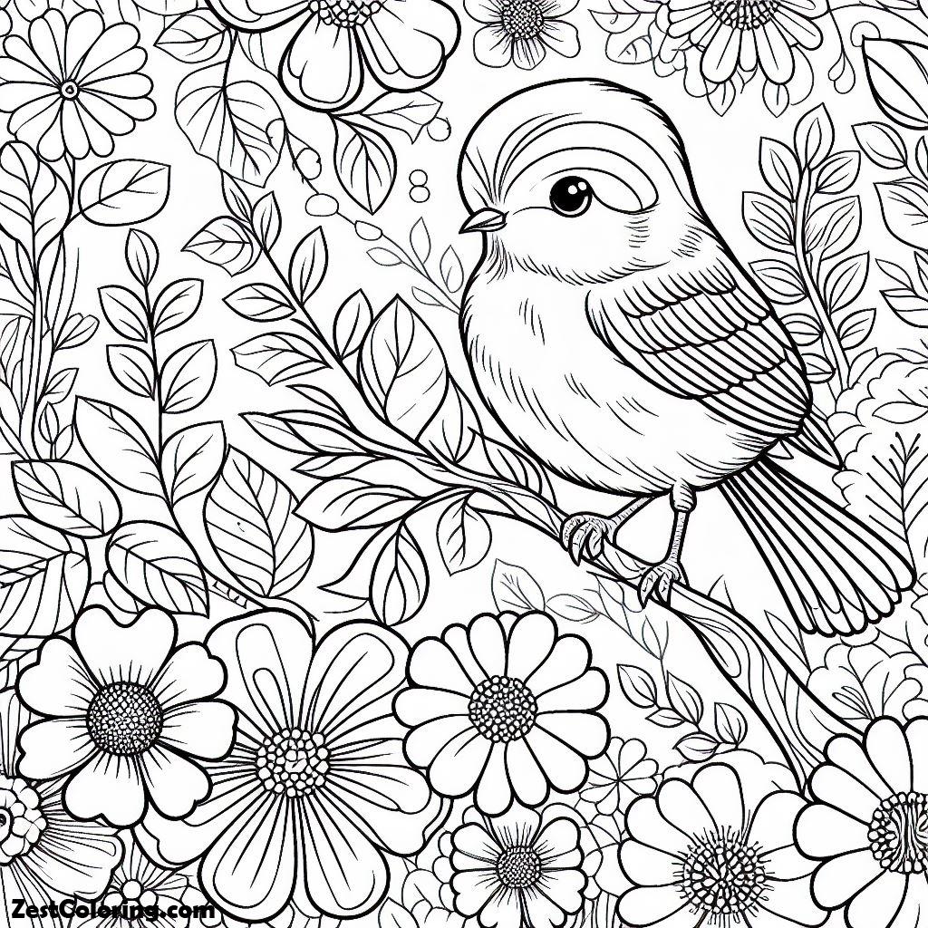 Bird, Bird Perched On Branches Among Beautiful Flowers Coloring Page: Bird Perched On Branches Among Beautiful Flowers Coloring PageFull Size Image