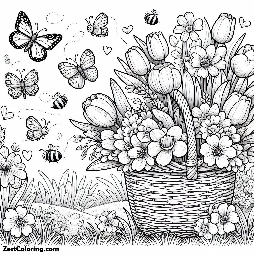 Spring Flower, Butterflies And Bees Fly Around Spring Flowers On A Basket Coloring Page: Butterflies And Bees Fly Around Spring Flowers On A Basket Coloring PageFull Size Image