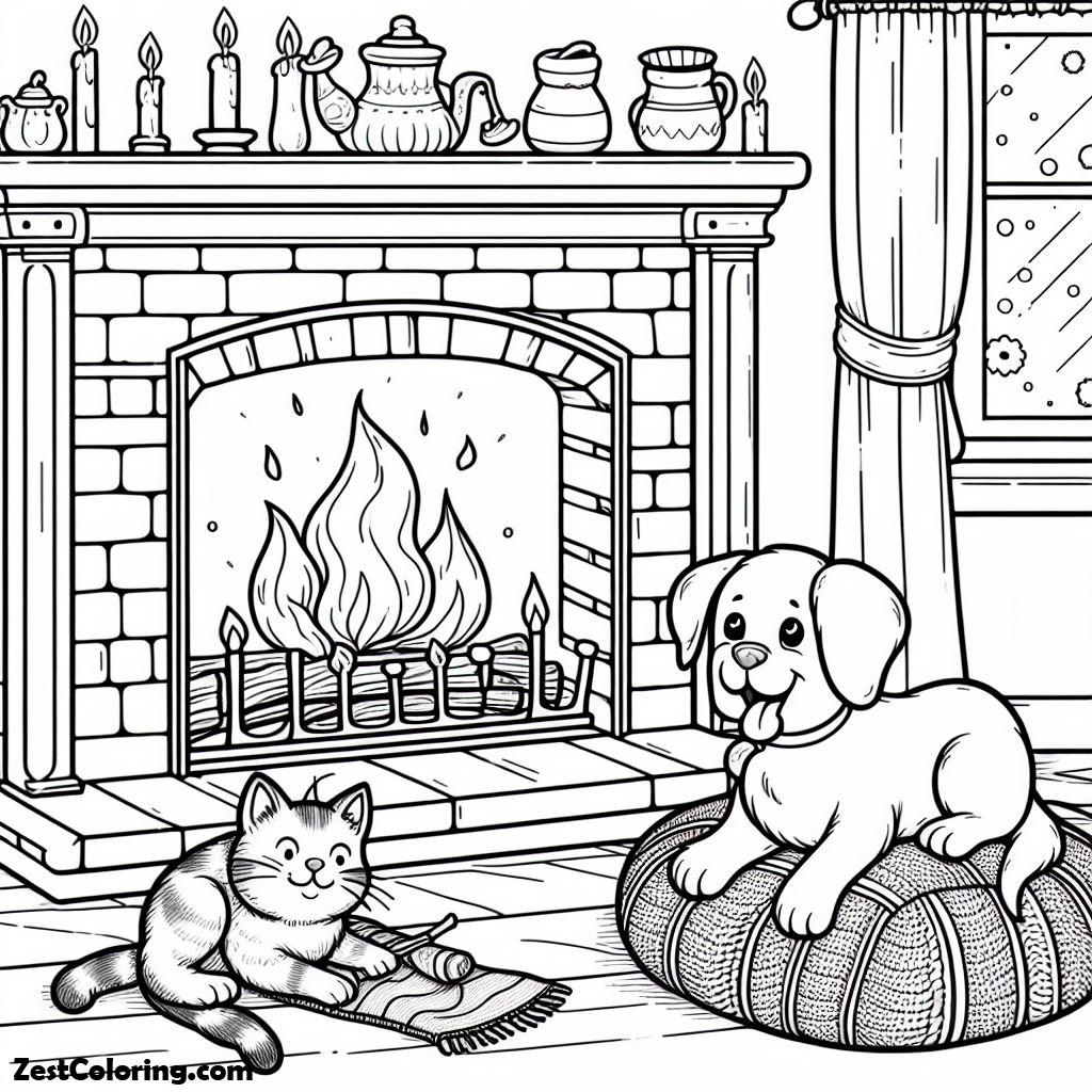 Winter, Cat And Dog Near A Fireplace Coloring Page: Cat And Dog Near A Fireplace Coloring PageFull Size Image