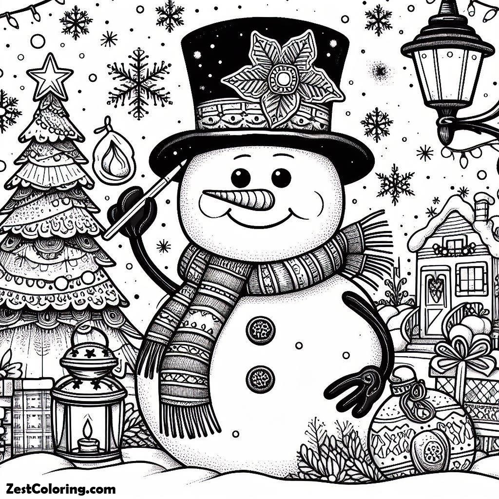 Snowman, Christmas Snowman Wearing A Hat Like A Magician Coloring Page: Christmas Snowman Wearing A Hat Like A Magician Coloring PageFull Size Image