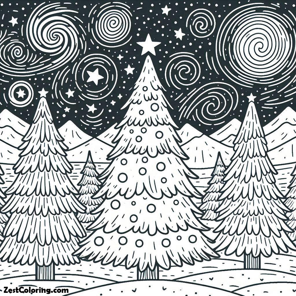 Christmas Tree, Christmas Trees On Starry Night Coloring Page: Christmas Trees On Starry Night Coloring PageFull Size Image