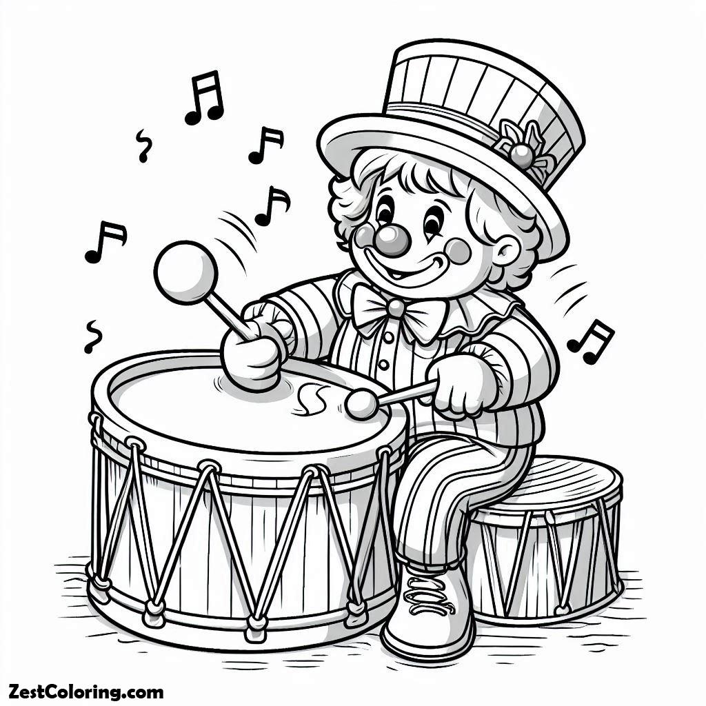 Clown, Clown Beats The Drum While Singing Sweetly Coloring Page: Clown Beats The Drum While Singing SweetlyFull Size Image