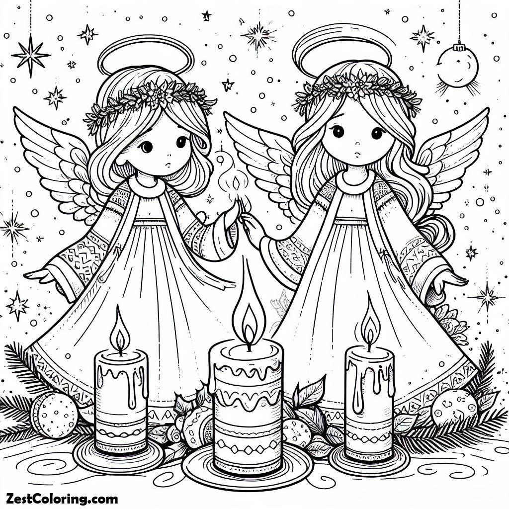 Angels, Cristmas Angels Bring Light Like A Candle In The Dark Coloring Page: Cristmas Angels Bring Light Like A Candle In The Dark Coloring PageFull Size Image