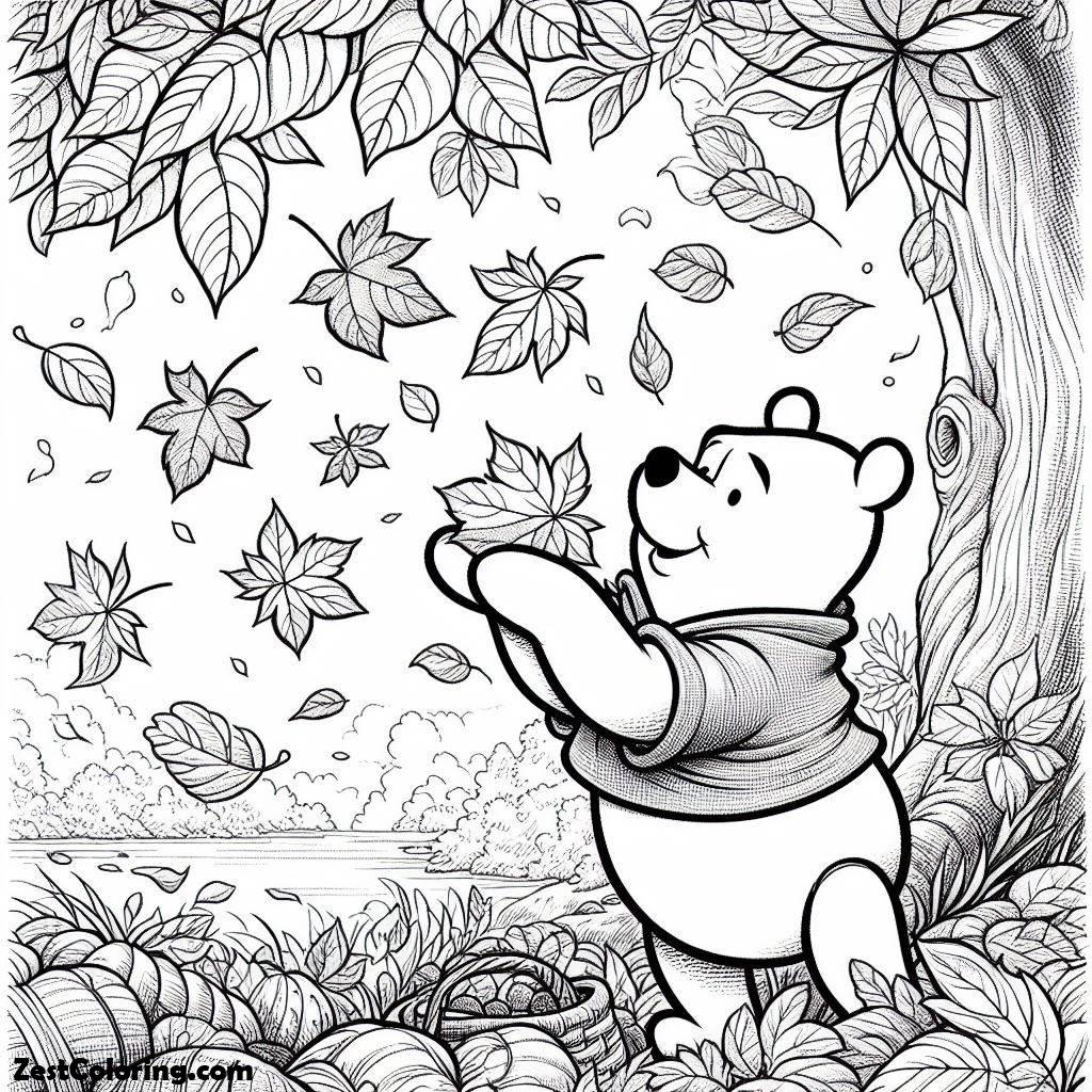 Autumn, Disney Winnie The Pooh Catching In Autumn Leaves Coloring Page: Disney Winnie The Pooh Catching In Autumn Leaves Coloring PageFull Size Image