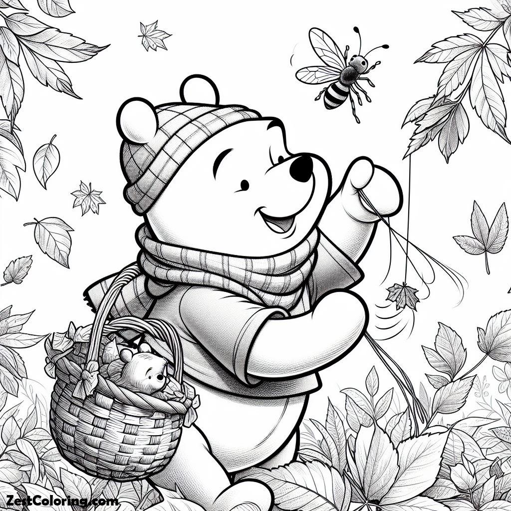 Autumn, Disney Winnie The Pooh Playing With Bee In Autumn Leaves, Coloring Page: Disney Winnie The Pooh Playing With Bee In Autumn Leaves, Coloring PageFull Size Image