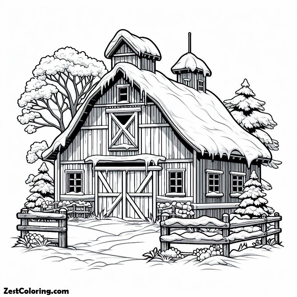 Barn, Drawing The Barn House Covered With Snow Coloring Page: Drawing The Barn House Covered With Snow Coloring PageFull Size Image