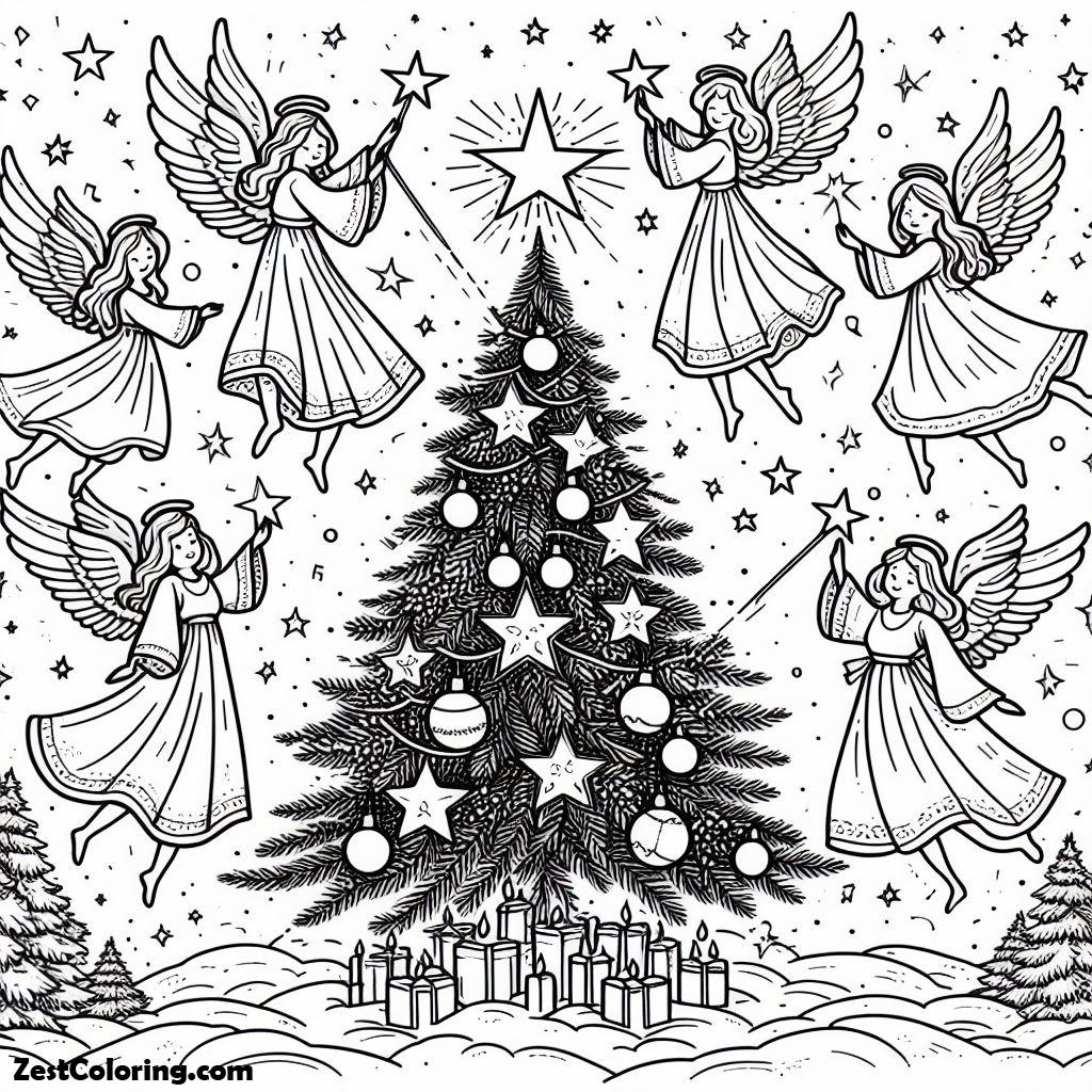 Angels, Flying Angels Around The Stars And Cristmas Tree Coloring Page: Flying Angels Around The Stars And Cristmas Tree Coloring PageFull Size Image