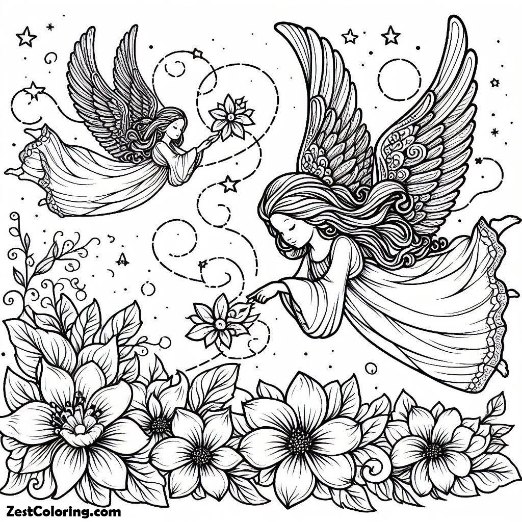 Flying Beautiful Angels With Flower Coloring Page : Coloring for Kids ...