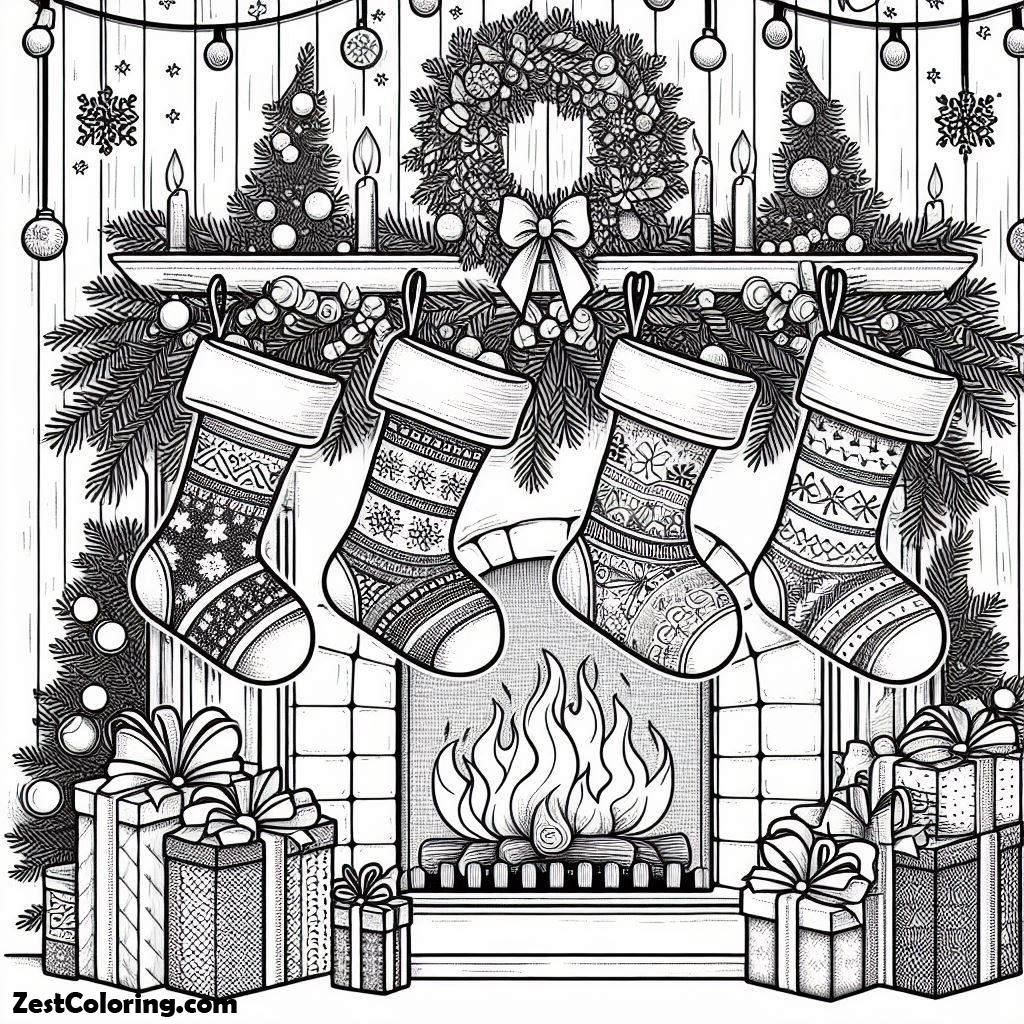 Christmas, Four Christmas Stocking Ready On The Fireplace On Christmas Coloring Page: Four Christmas Stocking Ready On The Fireplace On Christmas Coloring PageFull Size Image