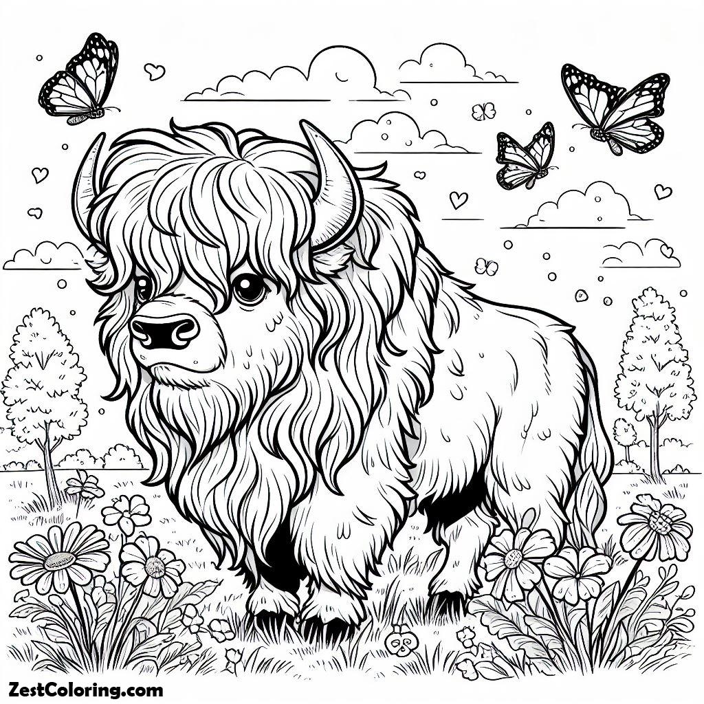 Bison, Hairy Male Bison Walking In The Hills Accompanied By 3 Butterflies Coloring Page: Hairy Male Bison Walking In The Hills Accompanied By 3 Butterflies Coloring PageFull Size Image