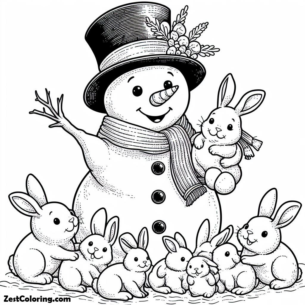 Winter, Happy Mr Snowman With Bunch Of Rabits During Winter Season Coloring Page: Happy Mr Snowman With Bunch Of Rabits During Winter Season Coloring PageFull Size Image