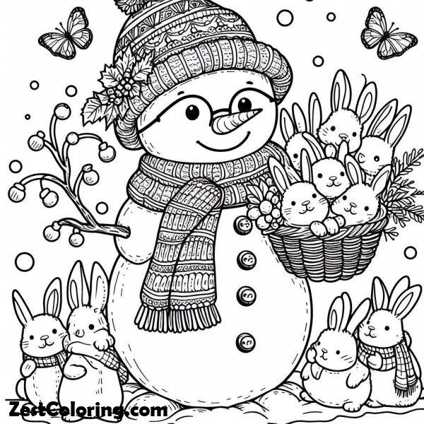 Snow Rabbit Color Page Happy Mrs Snow With Bunch Of Rabits During Winter Season Coloring Page ...
