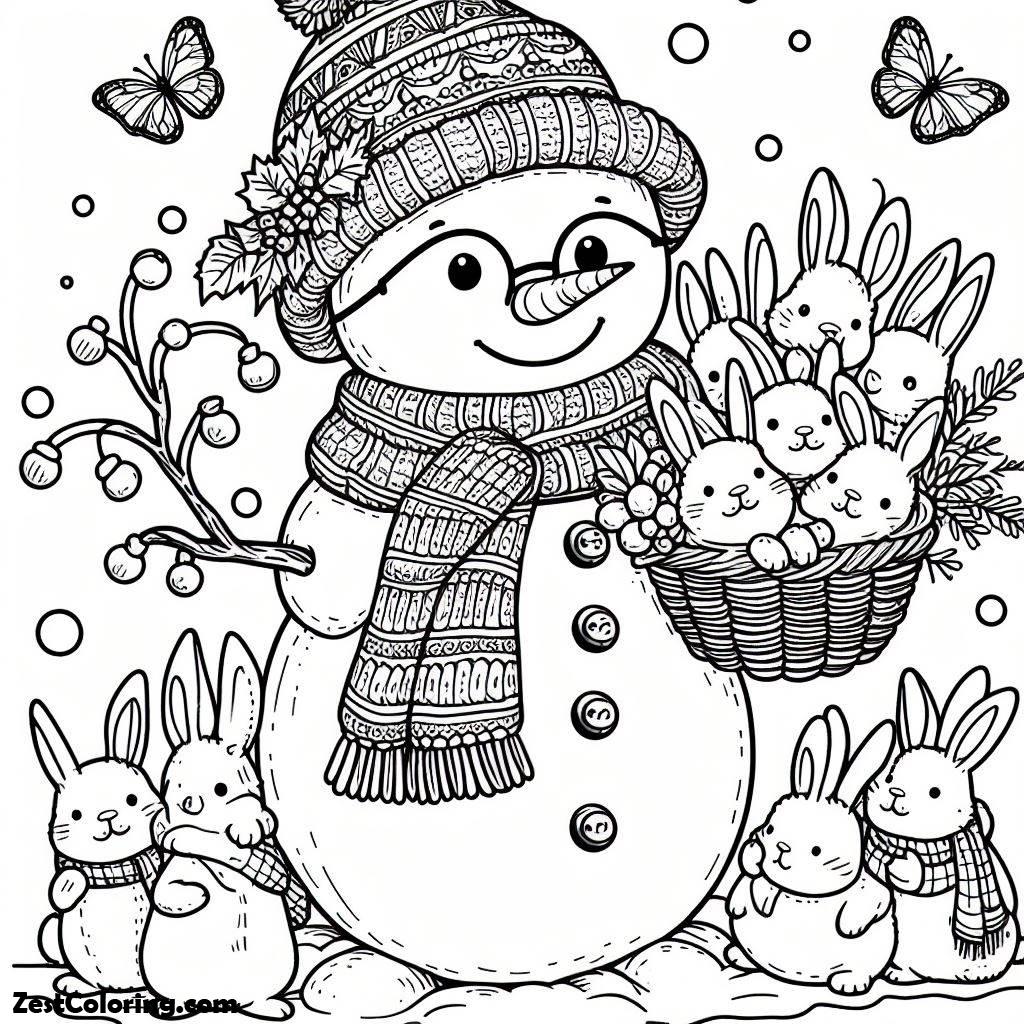 Winter, Happy Mrs Snow With Bunch Of Rabits During Winter Season Coloring Page: Happy Mrs Snow With Bunch Of Rabits During Winter Season Coloring PageFull Size Image