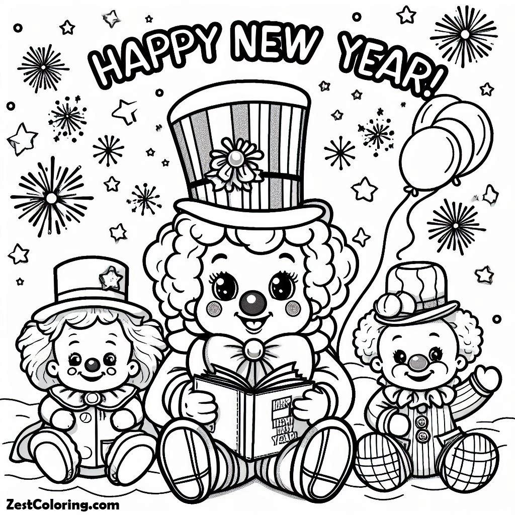 Clown, Happy New Year With The Clowns Coloring Page: Happy New Year With The Clowns Coloring PageFull Size Image