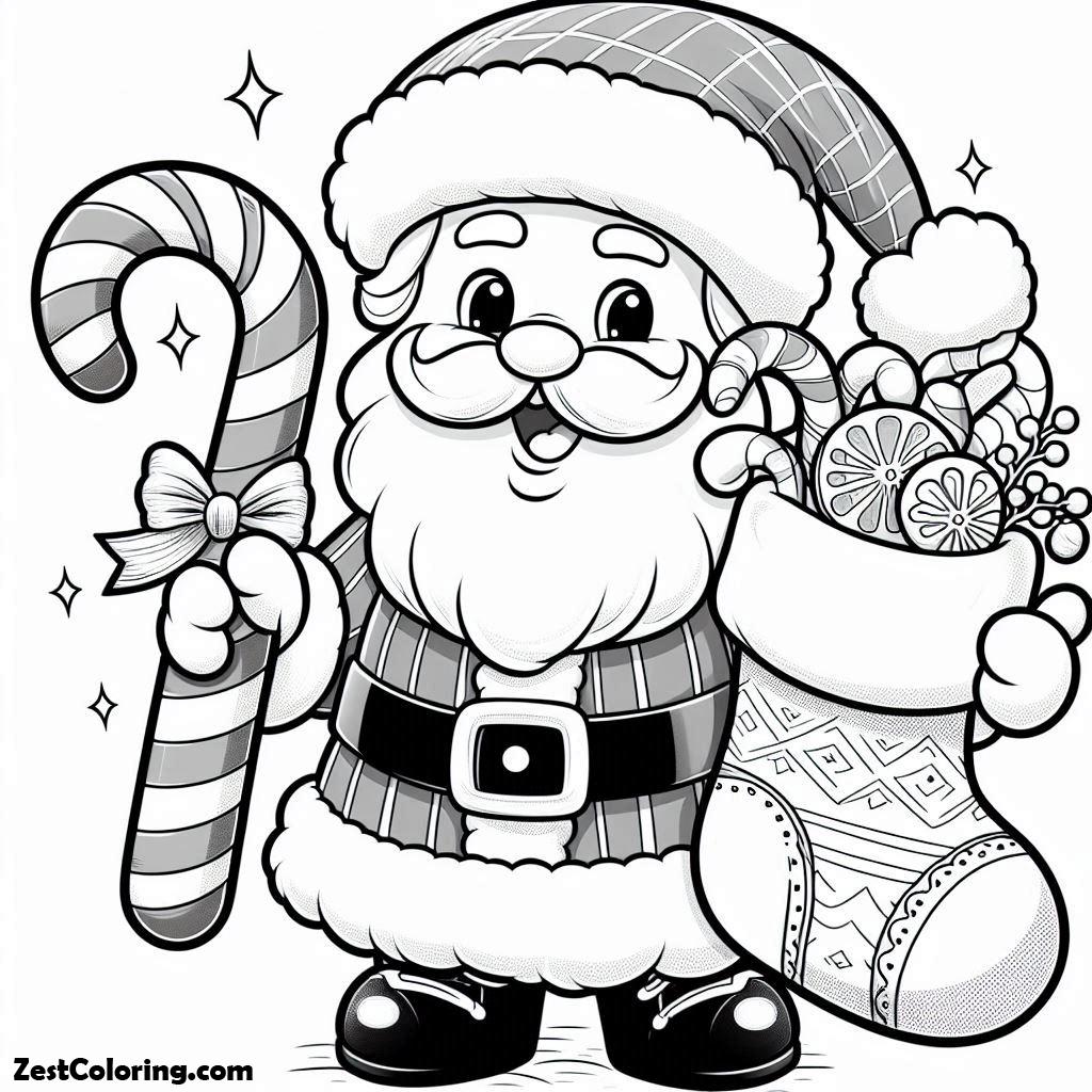 Christmas, Happy Santa Claus Holding A Candy Cane And Christmas Stocking On Christmas Coloring Page: Happy Santa Claus Holding A Candy Cane And Christmas Stocking On Christmas Coloring PageFull Size Image