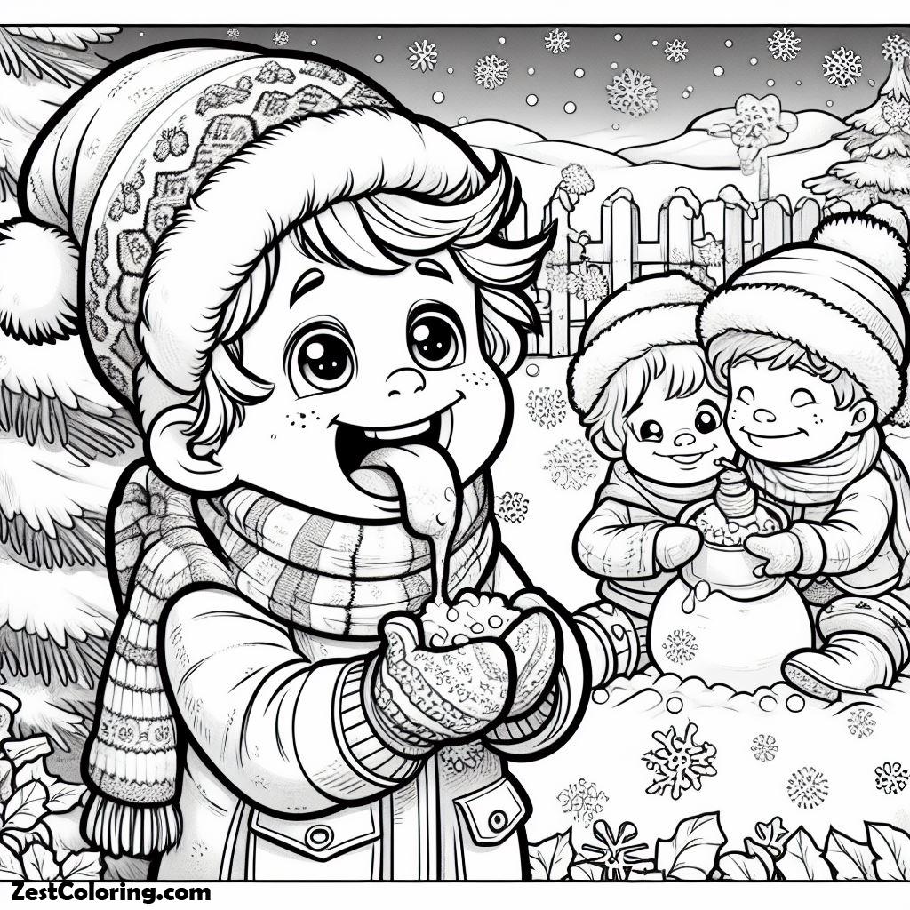 Winter, Hilarious Kid Tasting Snow On Winter Season Coloring Page: Hilarious Kid Tasting Snow On Winter Season Coloring PageFull Size Image