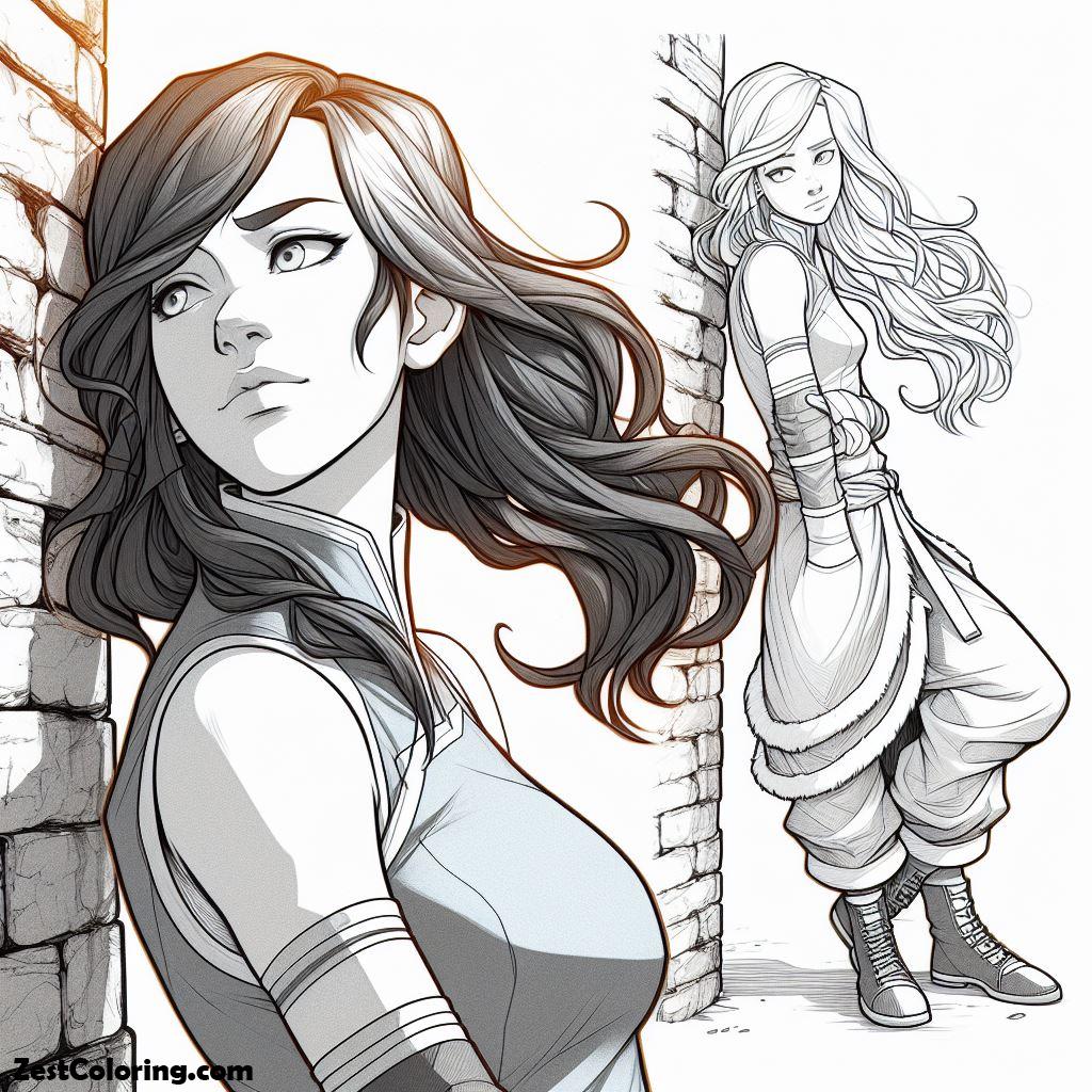 The Legend Of Kora, Korra And A Friend Leaned Against The Wall Coloring Pages: Korra And A Friend Leaned Against The Wall Coloring PagesFull Size Image