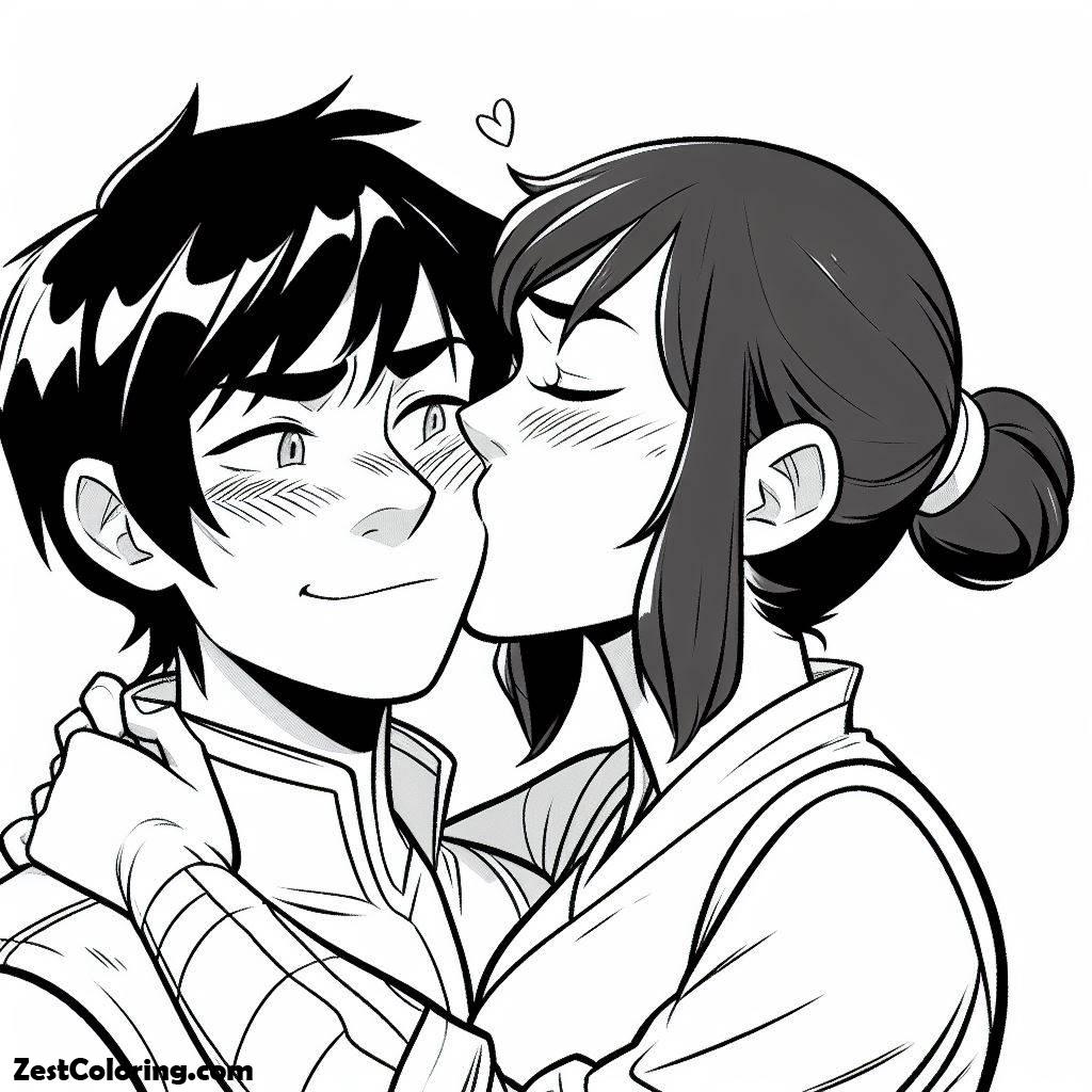 The Legend Of Kora, Korra Kisses Mako’s Cheek Coloring Page: Korra Kisses Mako's Cheek Coloring PageFull Size Image