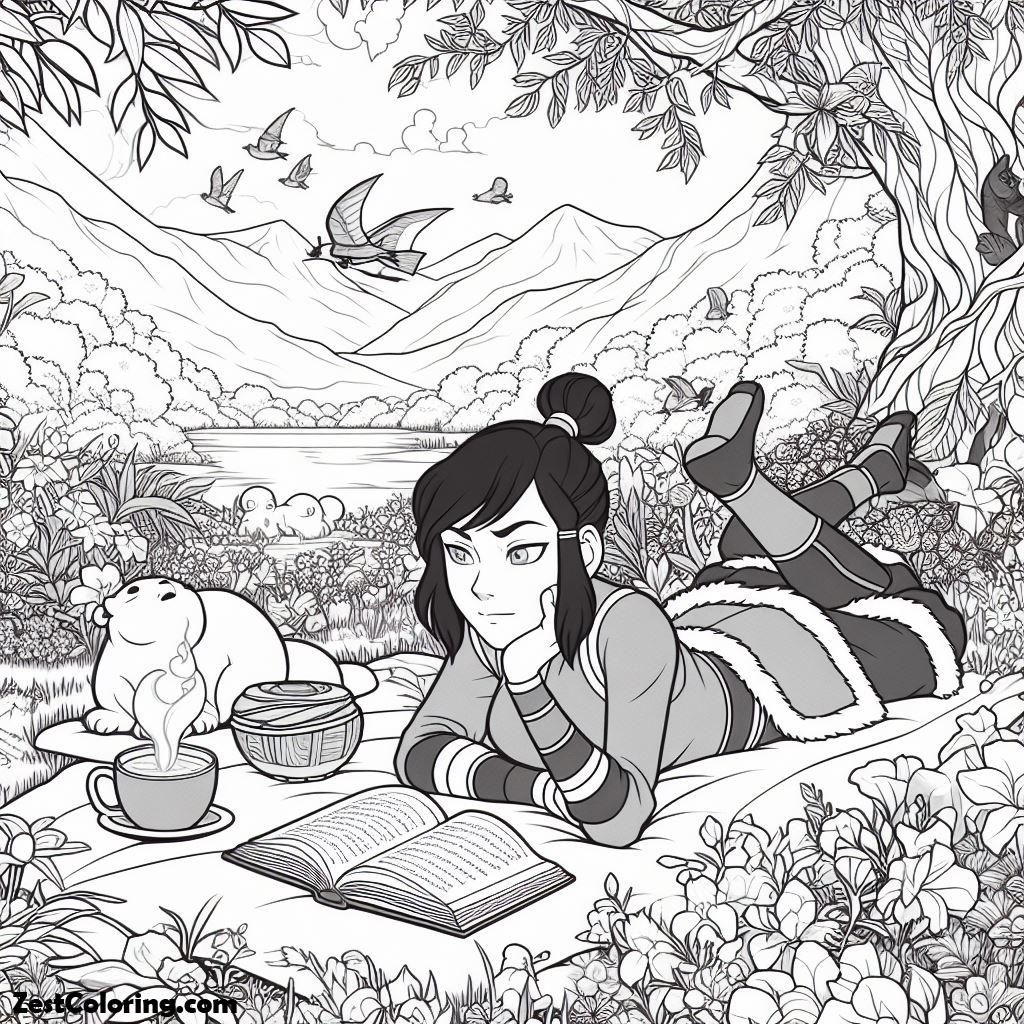 The Legend Of Kora, Korra Relaxing While Reading A Book In The Outdoors Coloring Pages: Korra Relaxing While Reading A Book In The Outdoors Coloring PagesFull Size Image