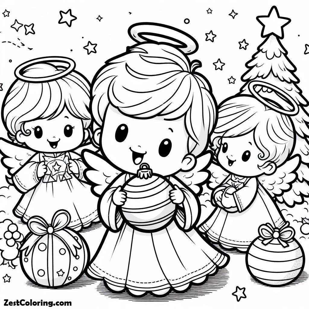Angels, Little Angels With Christmas Tree Ball Coloring Page: Little Angels With Christmas Tree Ball Coloring PageFull Size Image
