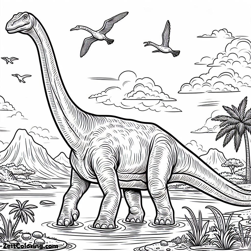 Long Neck Dinosaurus Brachiosaurus At The River Coloring Page ...