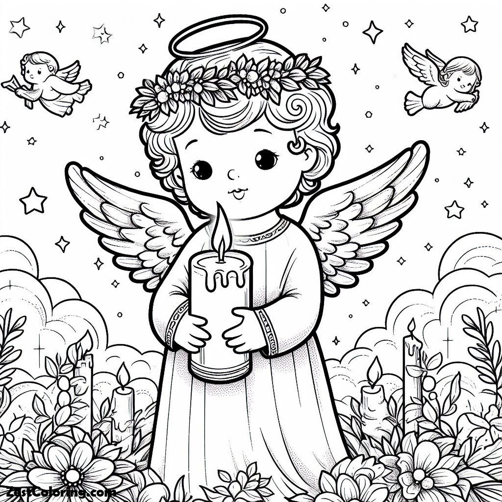 Angels, Loving Sweet Angels Holding Candle Coloring Page: Loving Sweet Angels Holding Candle Coloring PageFull Size Image