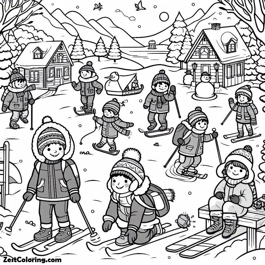 Winter, Many Children Go Skiing On Winter Season Coloring Page: Many Children Go Skiing On Winter Season Coloring PageFull Size Image