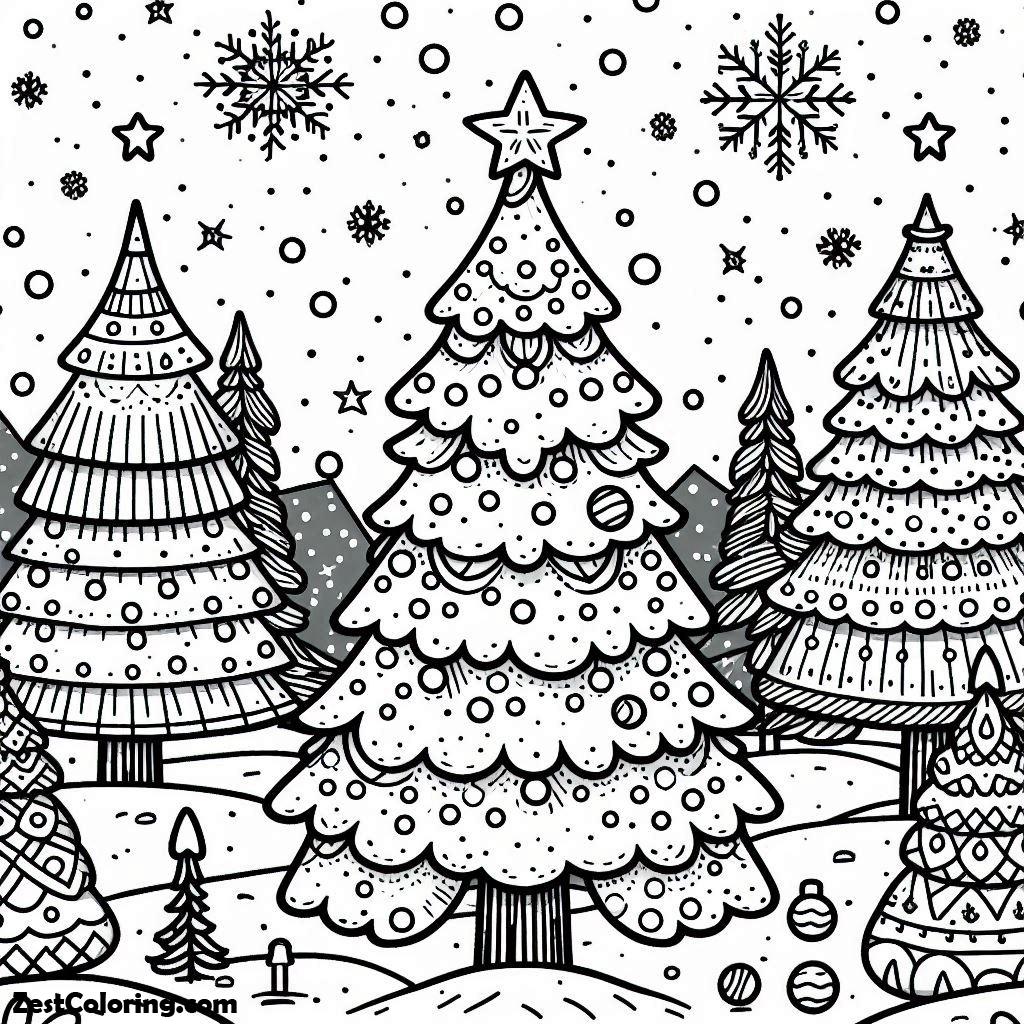 Christmas Tree, Many Snowy Christmas Trees Coloring Pages: Many Snowy Christmas Trees Coloring PagesFull Size Image
