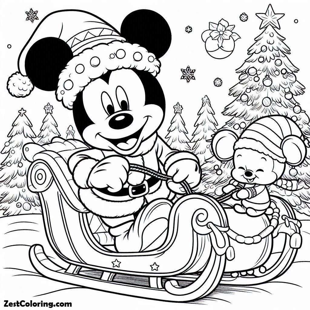 Christmas, Mickey Playing Santa Clauss Sleigh With His Little Friend On Christmas Coloring Page: Mickey Playing Santa Clauss Sleigh With His Little Friend On Christmas Coloring PageFull Size Image