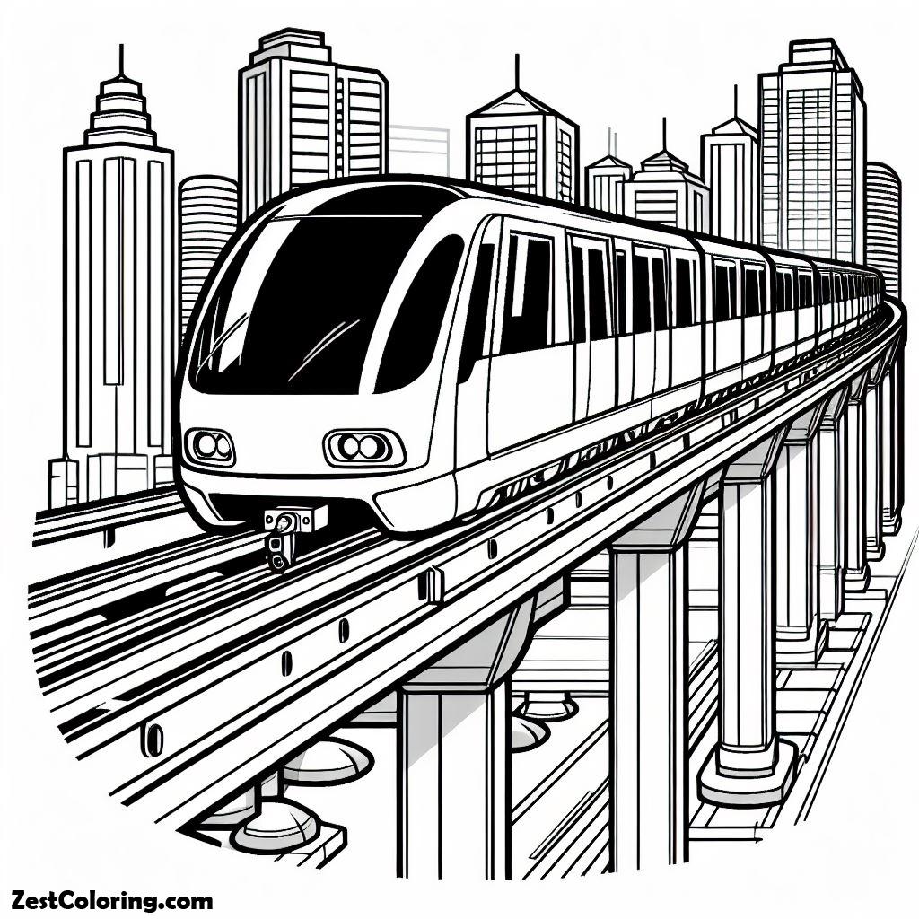 Train, Monorail Train At The City Coloring Page: Monorail Train At The City Coloring PageFull Size Image