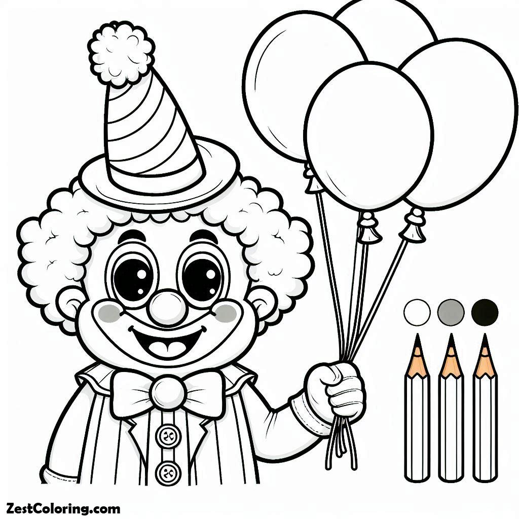 Clown, Mr Clown And Four Balloons Coloring Page: Mr Clown And Four Balloons Coloring PageFull Size Image