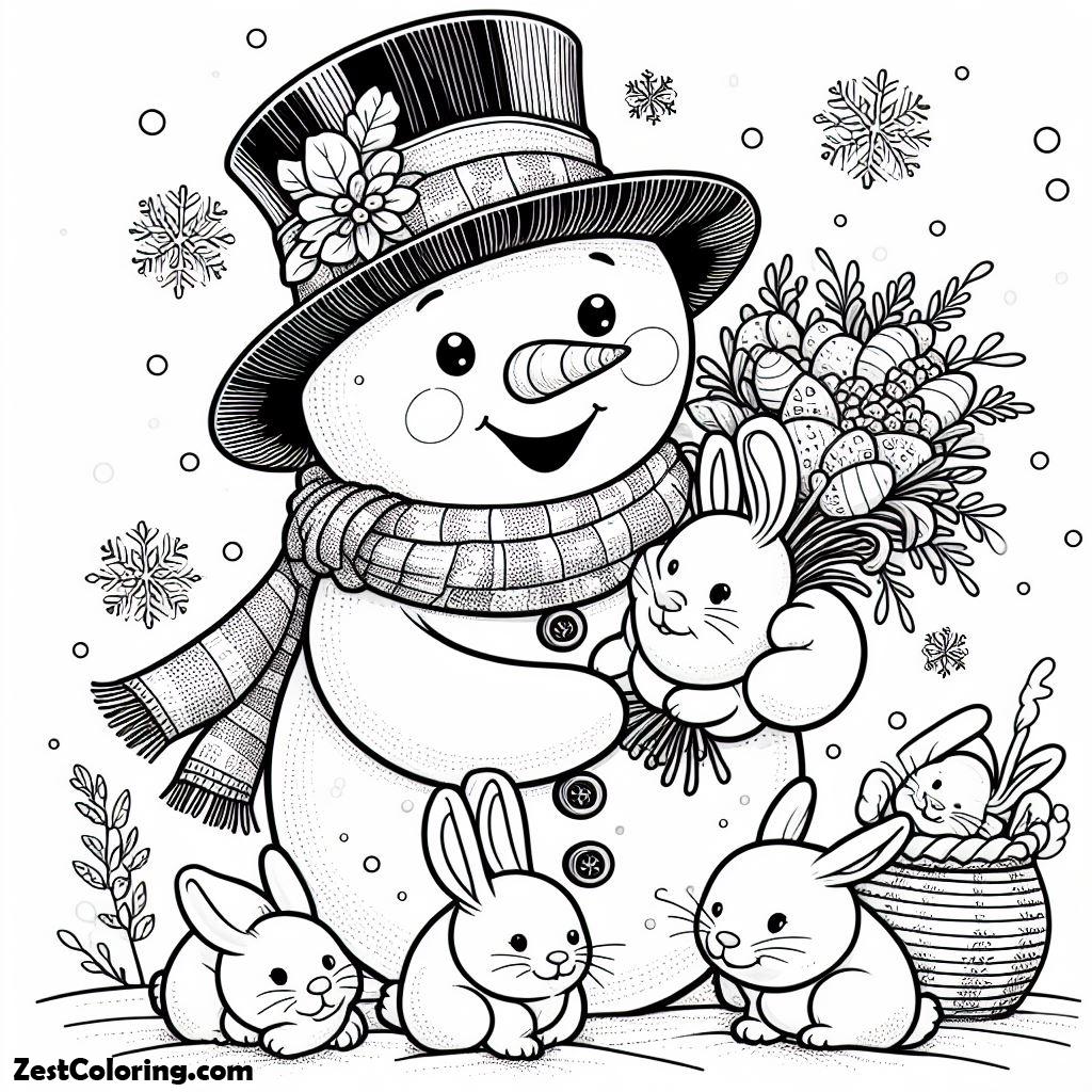 Winter, Mr Snowman With Bunch Of Rabits During Winter Season Coloring Page: Mr Snowman With Bunch Of Rabits During Winter Season Coloring PageFull Size Image