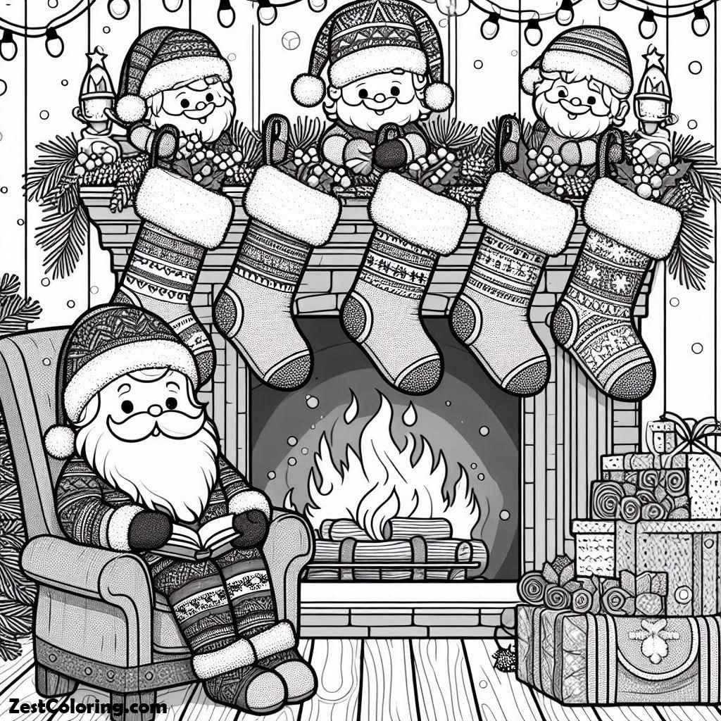 Christmas, Santa And Five Christmas Stocking On The Fireplace On Christmas Coloring Page: Santa And Five Christmas Stocking On The Fireplace On Christmas Coloring PageFull Size Image
