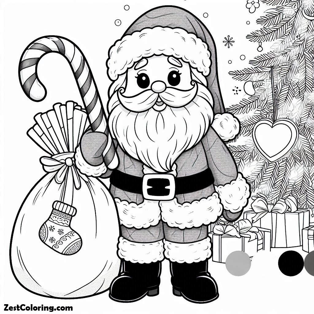 Christmas, Santa Claus Holding A Candy Cane And Christmas Stocking Beside Him On Christmas Coloring Page: Santa Claus Holding A Candy Cane And Christmas Stocking Beside Him On Christmas Coloring PageFull Size Image