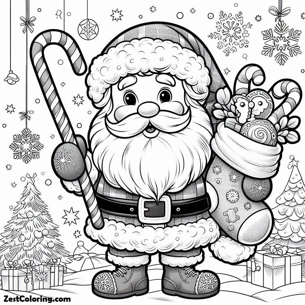 Christmas, Santa Claus Holding A Candy Cane And Christmas Stocking On Christmas Coloring Page: Santa Claus Holding A Candy Cane And Christmas Stocking On Christmas Coloring PageFull Size Image