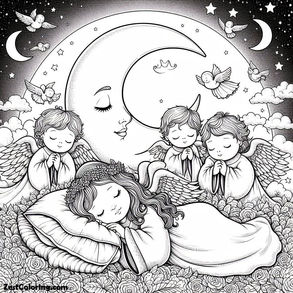 Angels, Sleeping Angels Next To The Crescent Moon Coloring Page: Sleeping Angels Next To The Crescent Moon Coloring PageFull Size Image