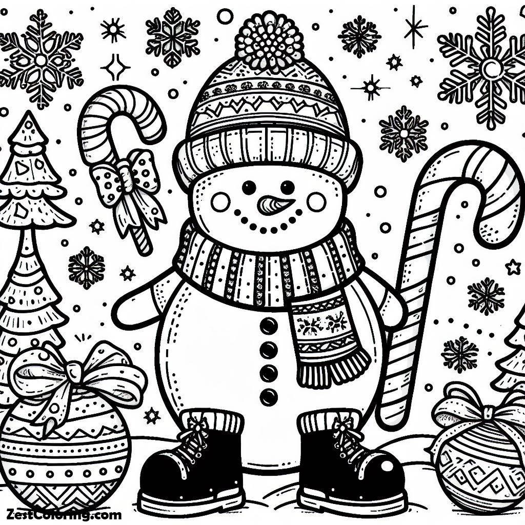 Snowman, Snowman And Candy Cane Coloring Page: Snowman And Candy Cane Coloring PageFull Size Image