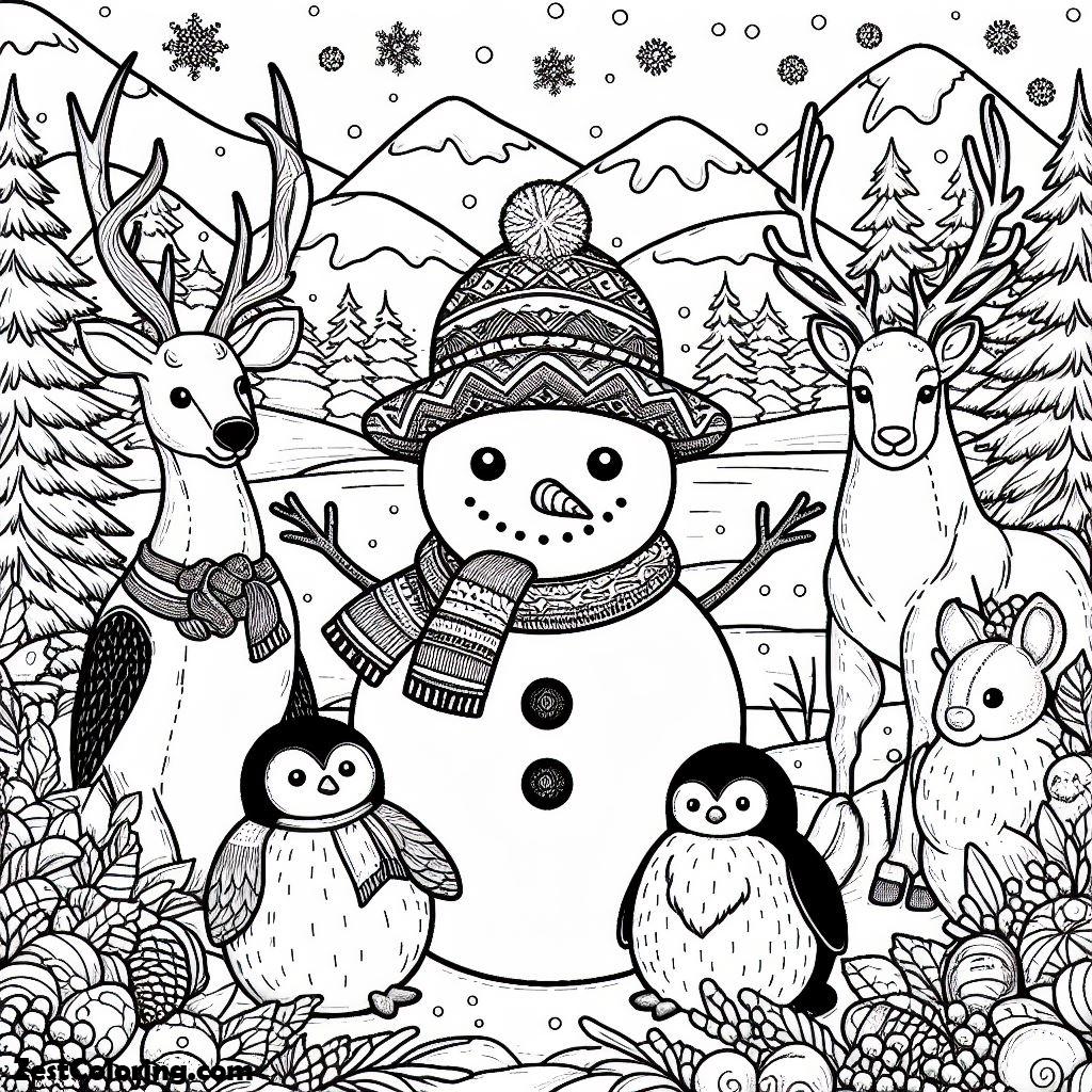 Snowman, Snowman And His Animal Friends Coloring Page: Snowman And His Animal Friends Coloring PageFull Size Image