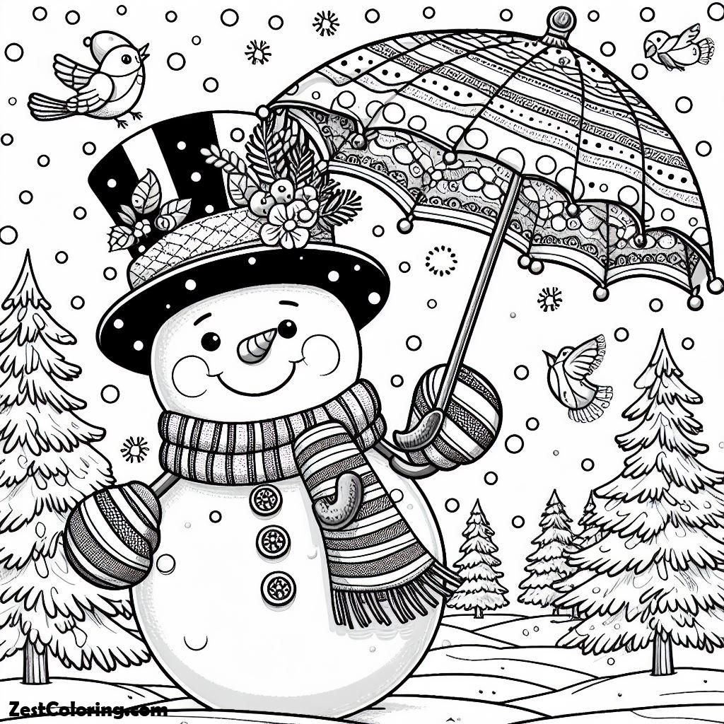 Snowman, Snowman Enjoying The Snow Carrying An Umbrella Coloring Page: Snowman Enjoying The Snow Carrying An Umbrella Coloring PageFull Size Image