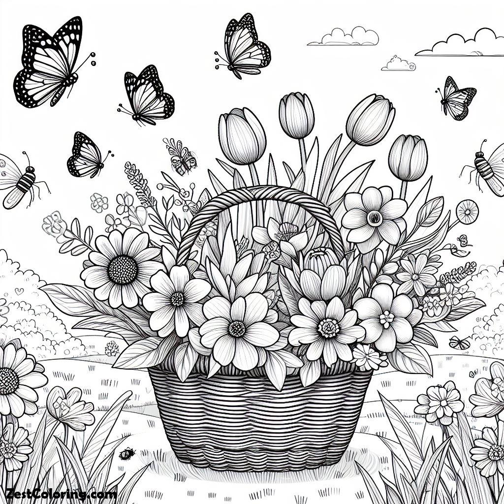 Spring Flower, Spring Flowers On A Basket Coloring Page: Spring Flowers On A Basket Coloring PageFull Size Image