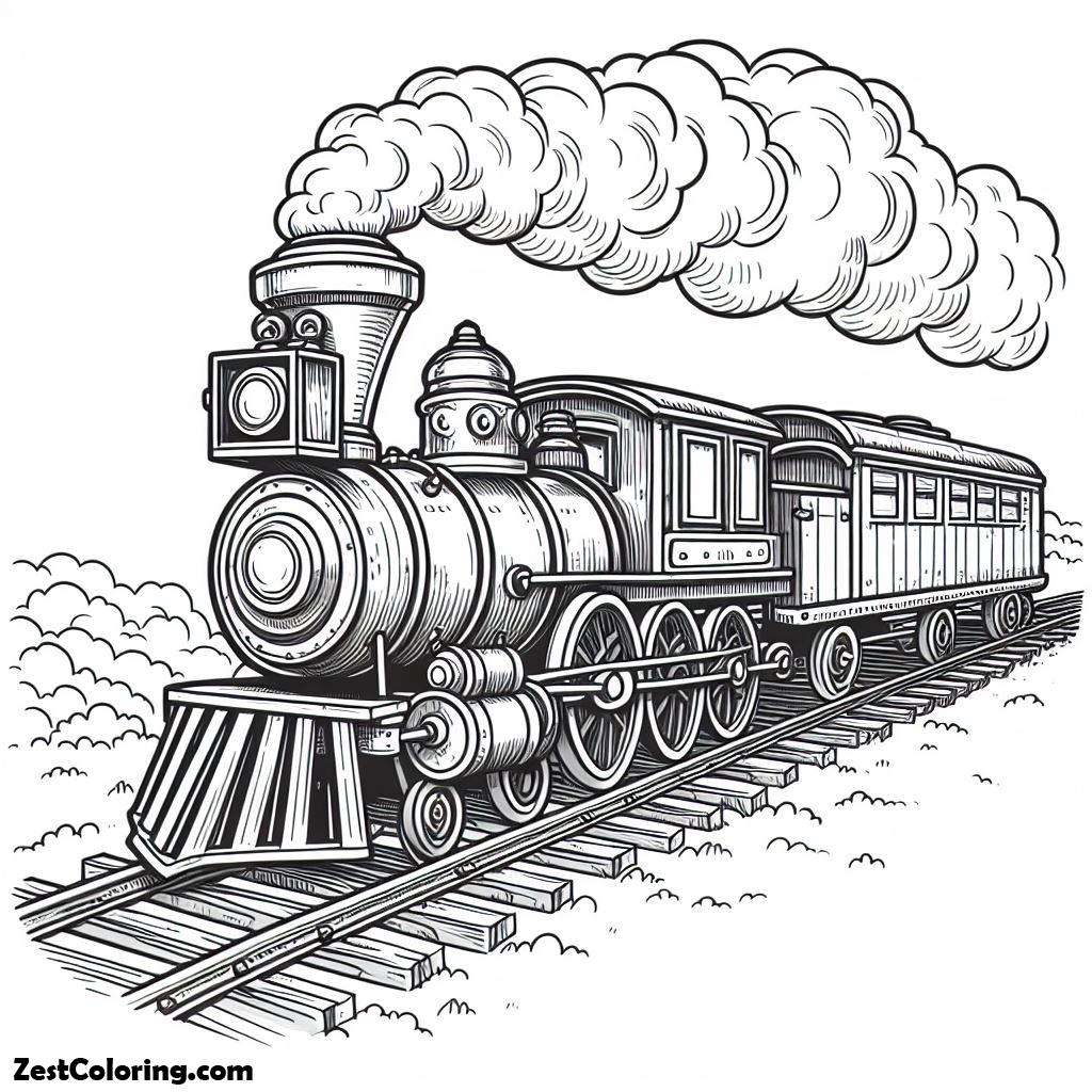 Train, Steam Train On Bumpy Railroad Coloring Page: Steam Train On Bumpy Railroad Coloring PageFull Size Image