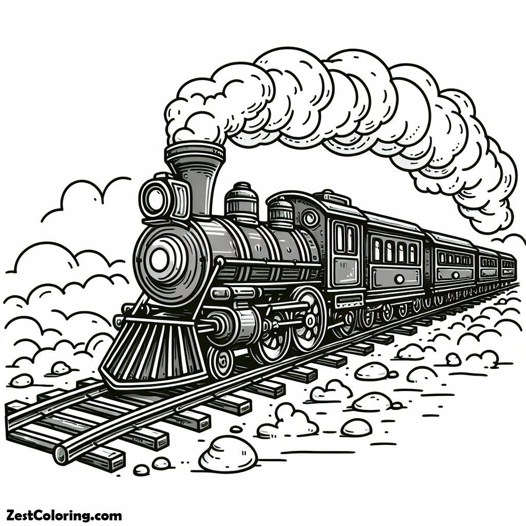 Train, Steam Train On Railroad Coloring Page: Steam Train On Railroad Coloring PageFull Size Image