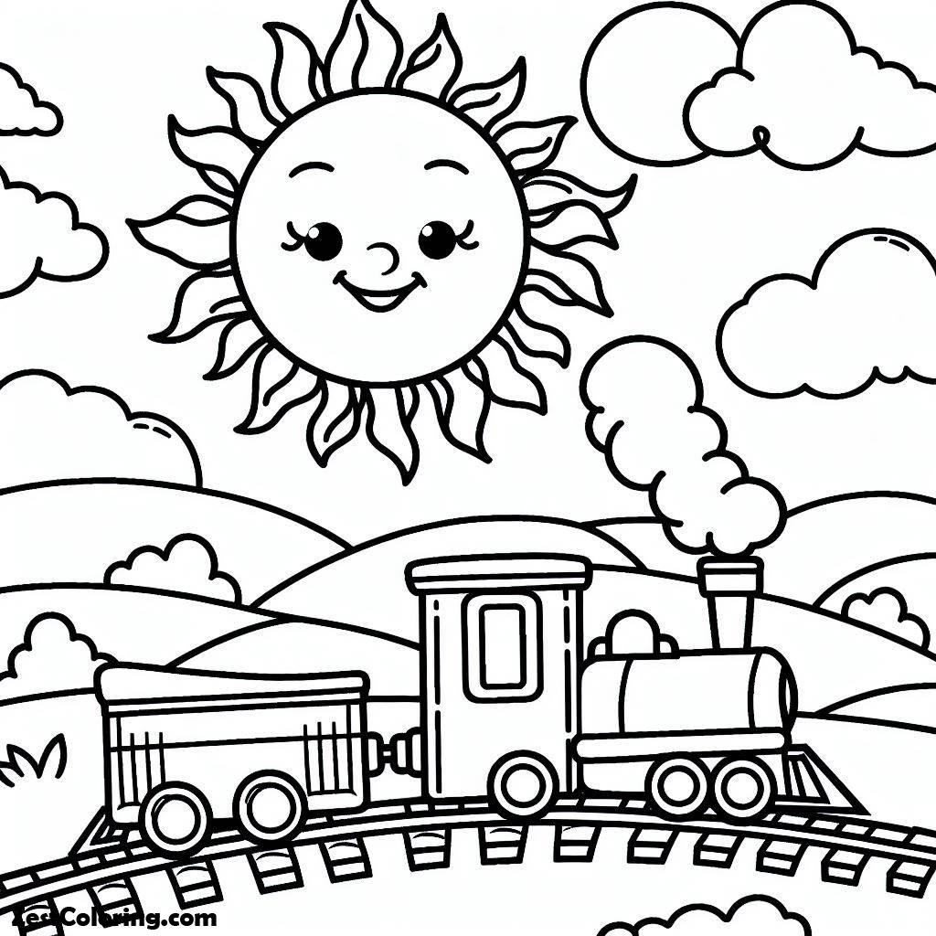 Train, Sun Is Smiling Over A Train Coloring Page: Sun Is Smiling Over A Train Coloring PageFull Size Image