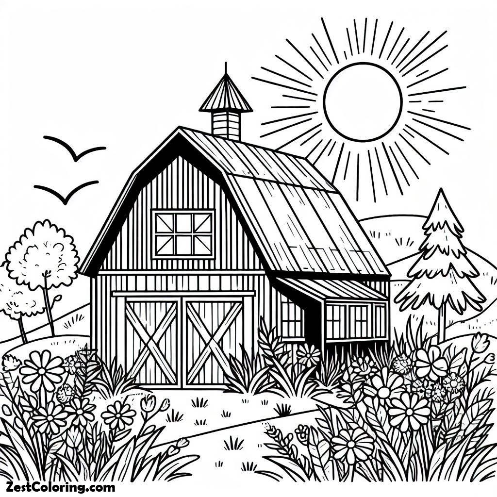 Barn, Sunshine Over A Barn Coloring Page: Sunshine Over A Barn Coloring PageFull Size Image