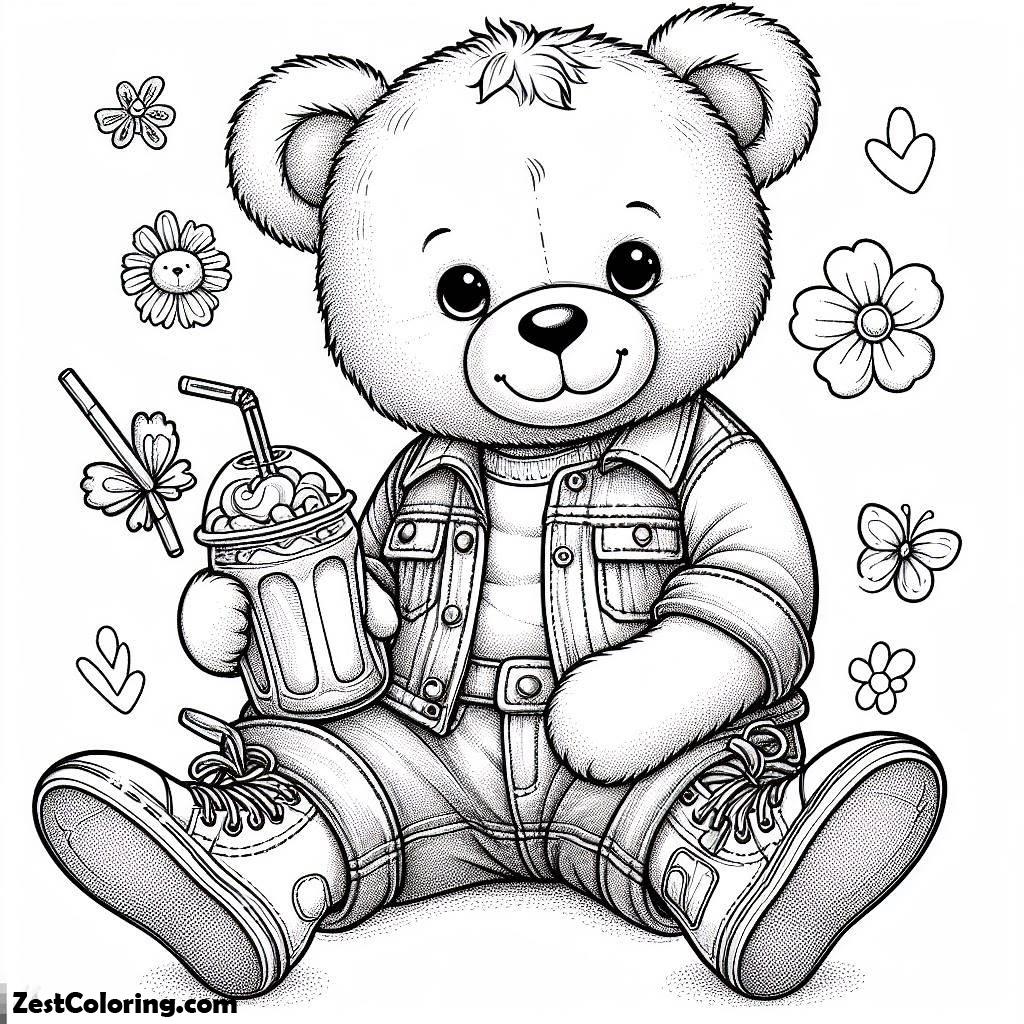 Teddy Bear, Teddy Bear Enjoying A Fresh Drink Coloring Page: Teddy Bear Enjoying A Fresh Drink Coloring PageFull Size Image