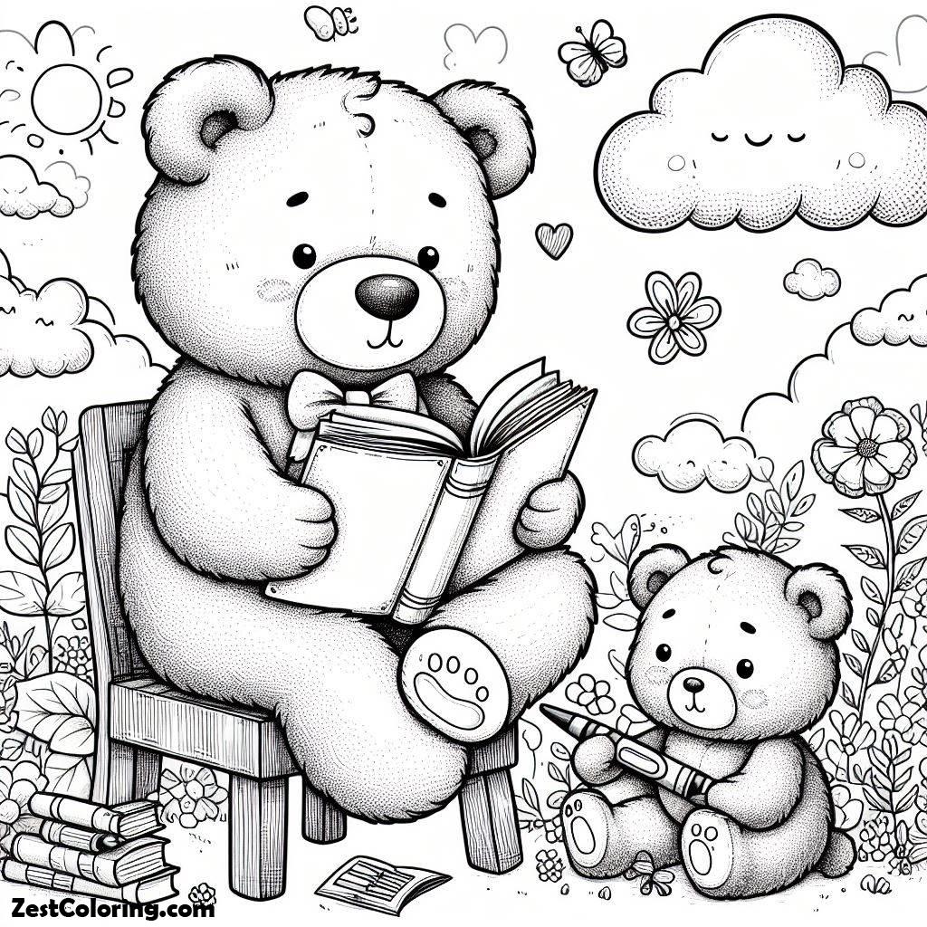 Teddy Bear, Teddy Bear Is Reading A Book Accompanied By His Little Brother Coloring Page: Teddy Bear Is Reading A Book Accompanied By His Little Brother Coloring PageFull Size Image