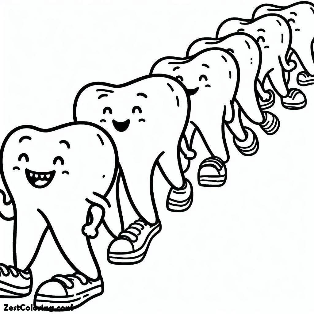 Dental Health, Teeth Walking In Line In Dental Health Coloring Page: Teeth Walking In Line In Dental Health Coloring PageFull Size Image