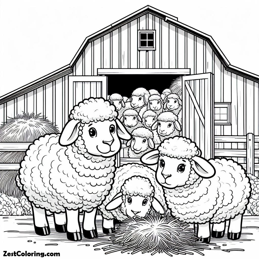 Barn, The Sheep Are Crowded In The Barn Coloring Page: The Sheep Are Crowded In The Barn Coloring PageFull Size Image
